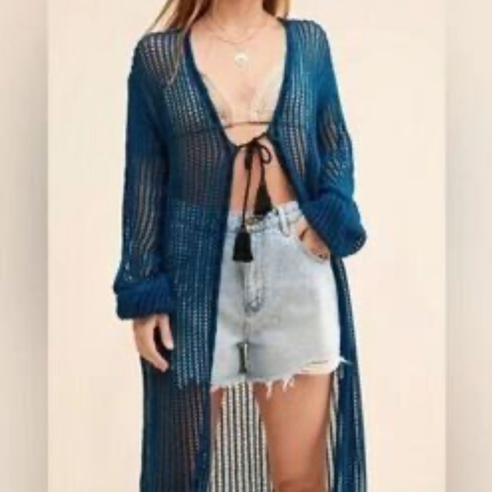 Free People Teal crochet Open-Knit duster cover up sz S